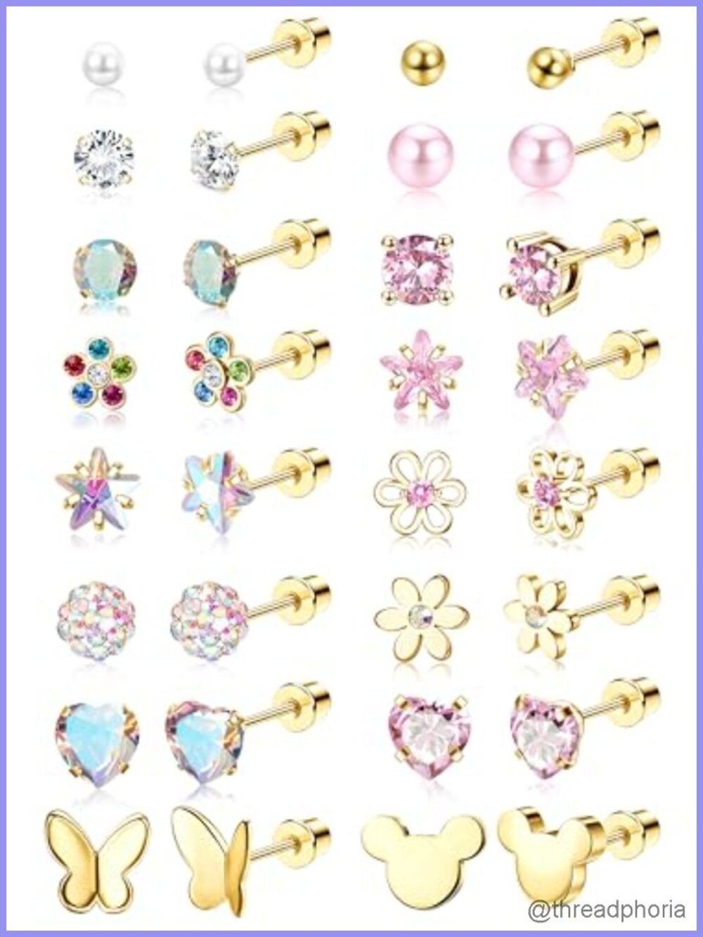 16 Pair Hypoallergenic Screw Back Stud Earrings Set Stainless Steel CZ Pearl